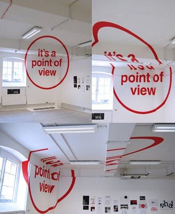 This may contain: four different views of the inside of an office with red and white graphics on the walls