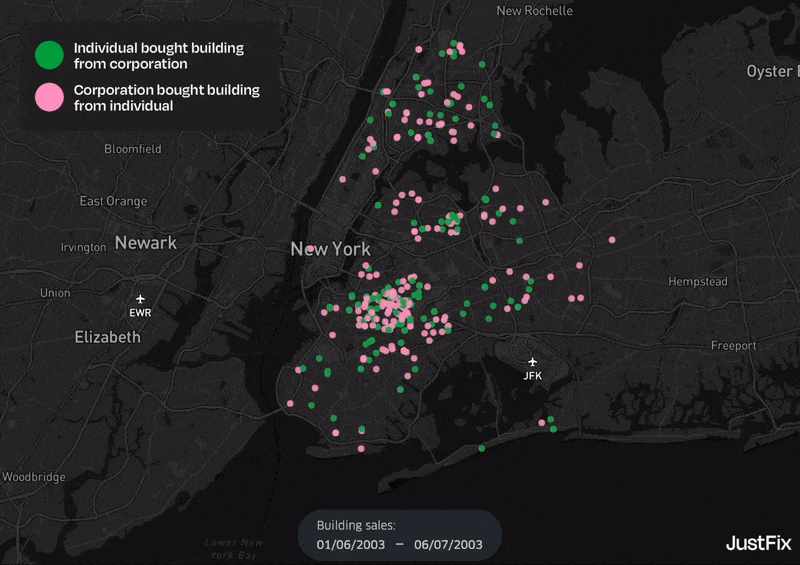Map showing green/pink dots where corporations have bought homes Map showing green/pink dots where corporations have bought homes