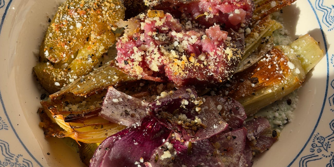 One-Pan Roasted Leeks, Potatoes & Red Onion with Cilantro-Lime Dressing & Cotija