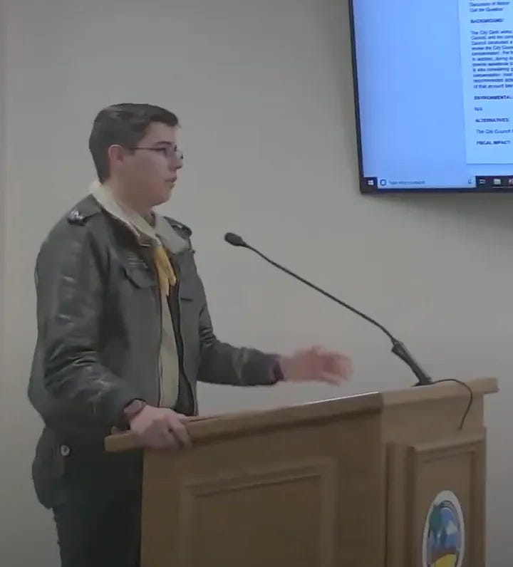 Thomas Elkins and Izzy Hargrove advocate for a Youth Advisory Council at the November 14 Council meeting.