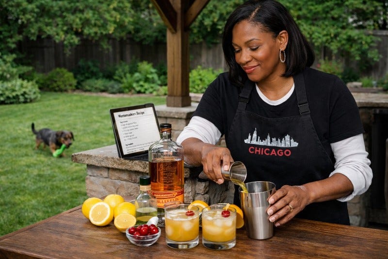 Woman makes whiskey sour in her backyard with the recipe on her laptop nearby Woman makes whiskey sour in her backyard with the recipe on her laptop nearby