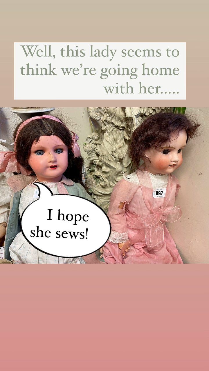 Two dolls with speech bubbles expressing their hope that I will mend them.