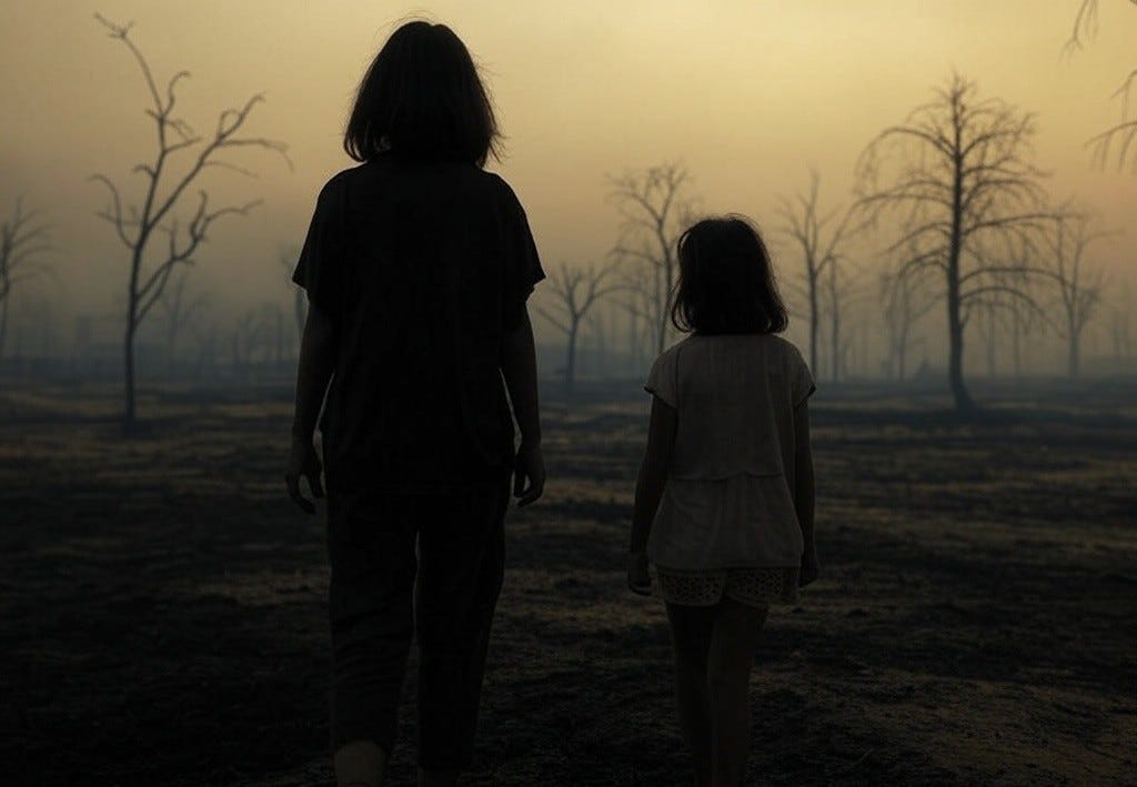 A silhouetted woman and a young girl walk through a desolate, scorched landscape under a hazy, yellow sky. The ground is barren, and leafless, charred trees stand like skeletal remains in the background, evoking a post-apocalyptic atmosphere.