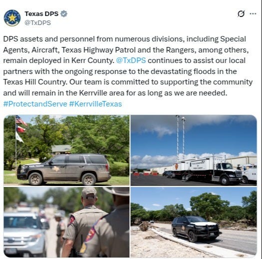 The Texas Department of Public Safety has sent a large number of state law enforcement officers to Kerr County. The Texas Department of Public Safety has sent a large number of state law enforcement officers to Kerr County.