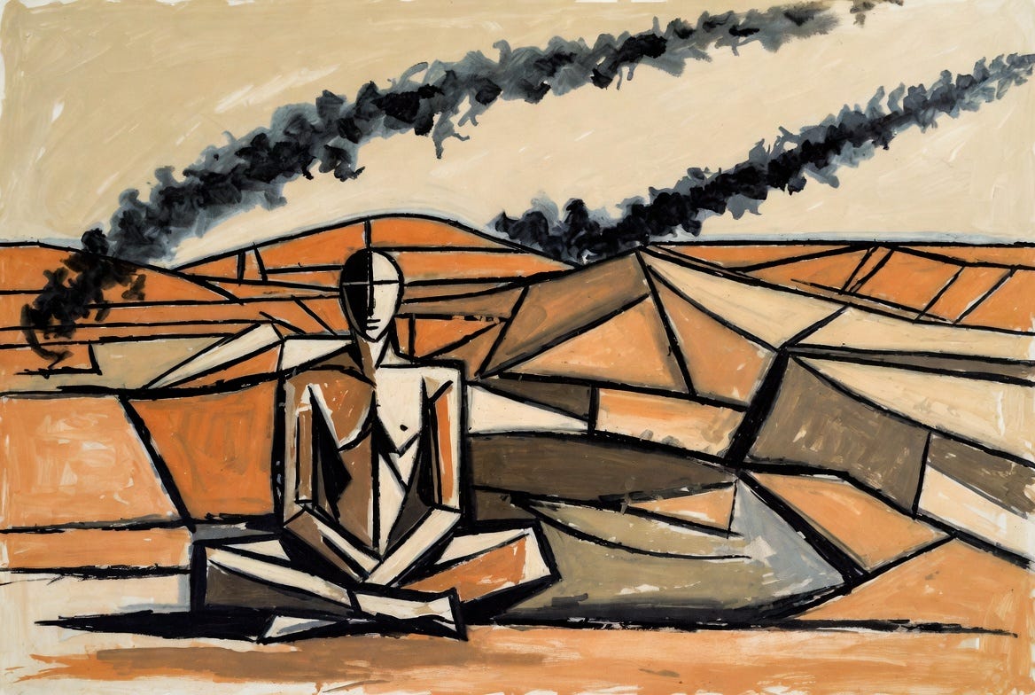 A Picasso-style abstract painting of a meditating figure in a desert with missile smoke. A Picasso-style abstract painting of a meditating figure in a desert with missile smoke.
