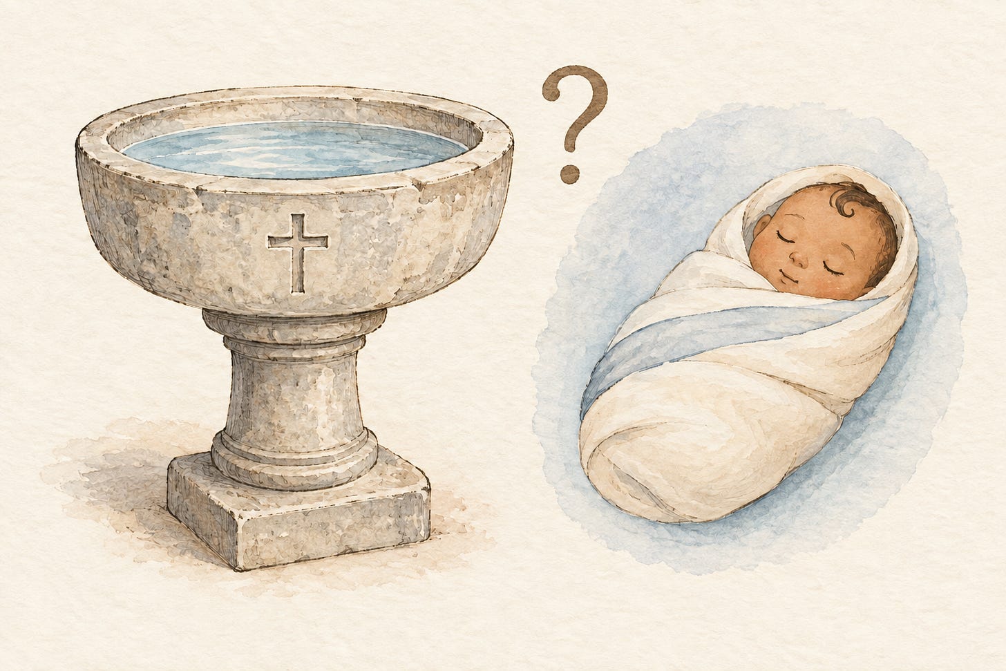 Alt text: A pale stone baptismal font with a small carved cross stands beside a gently stylised sleeping baby wrapped in an ivory and pale-blue blanket. Alt text: A pale stone baptismal font with a small carved cross stands beside a gently stylised sleeping baby wrapped in an ivory and pale-blue blanket.