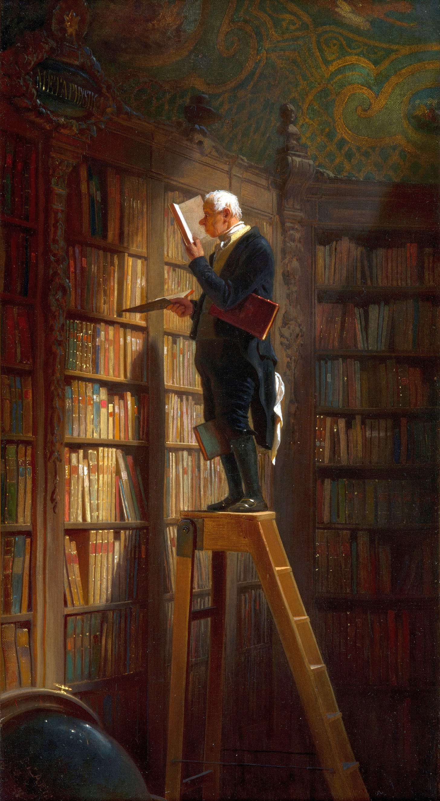Old scholar reading on a library ladder Old scholar reading on a library ladder