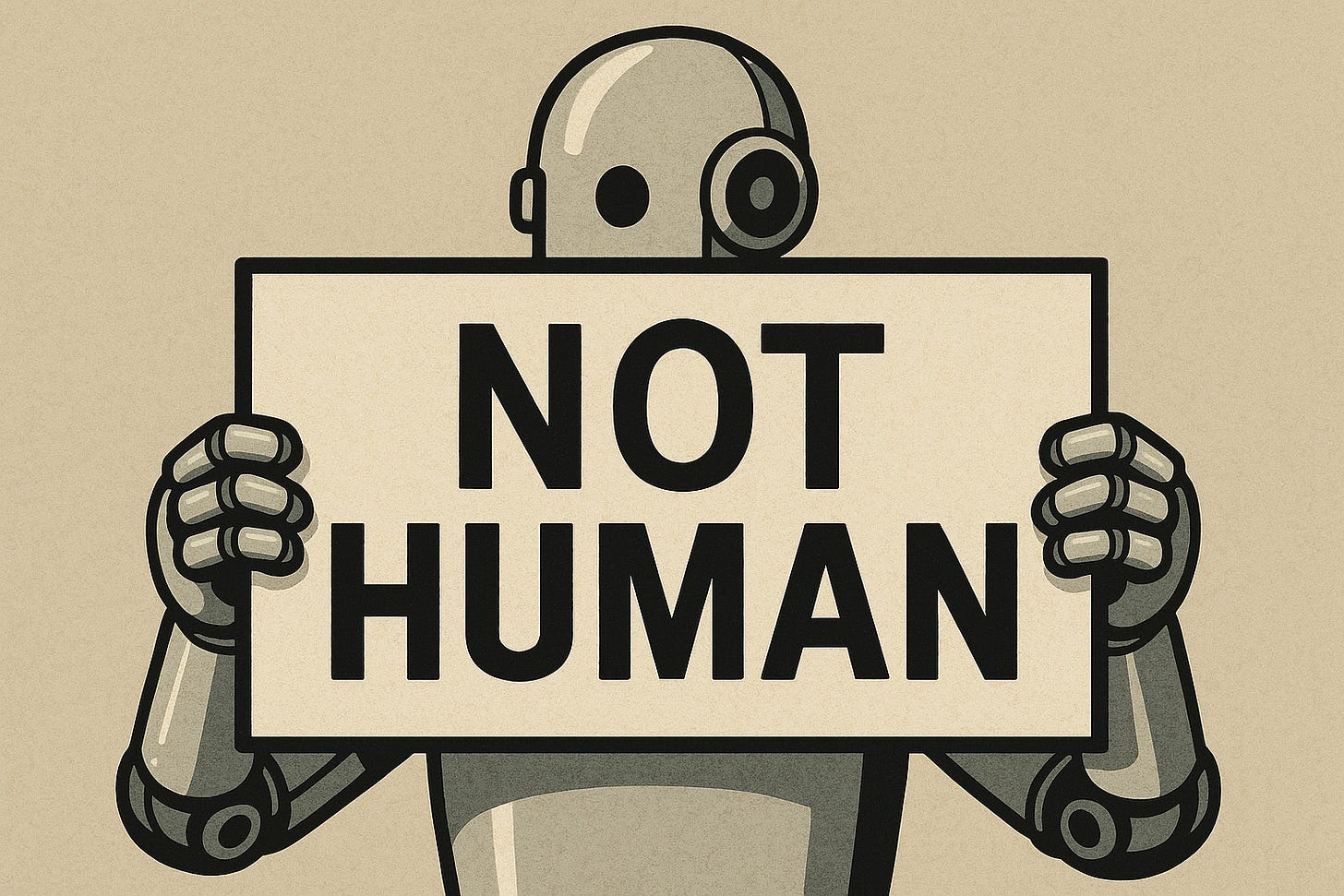 Vintage-style illustration of a robot holding a sign that says “NOT HUMAN,” symbolizing the loss of authenticity in AI-generated content. Vintage-style illustration of a robot holding a sign that says “NOT HUMAN,” symbolizing the loss of authenticity in AI-generated content.