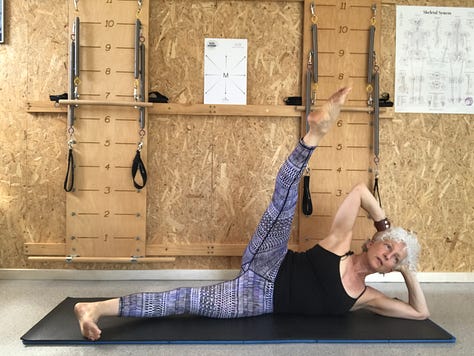 nine photos with a white haired woman in exercise clothing doing each of the Pilates exercises listed in the email