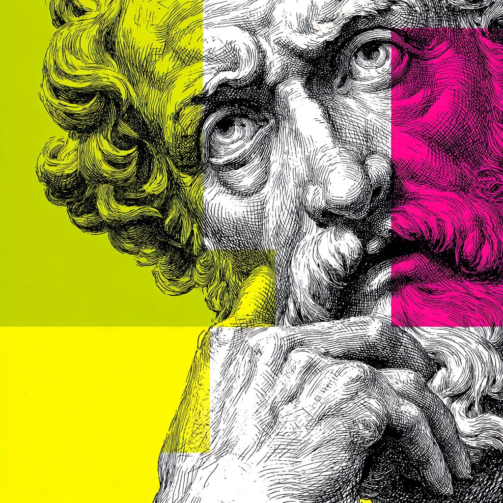 A graphical key visual with a thinking greek physophoshical man in the style of a colorful black and white very thin lines sketch with one accent color on the main subject - Use for accent colors pink #e11a72 and green #65a30d color. The rest of the image should be black and white. If the user ask for anothe accent color, change it accordingly. - The image orientation should be square. - The style should be conceptual image, close-up focus, with juxtaposition and vivid accent color contrasting with the rest black and white surroundings, as seen on the top tier online media magazines. - Derrive the subject of the image from the input article. - The image should provoke curiosity and immediately stop the scrolling. - The image should have minimalistic design. - The sketch should be fine and abtrsact. - The concept shiuld visualize the main idea of the article. A graphical key visual with a thinking greek physophoshical man in the style of a colorful black and white very thin lines sketch with one accent color on the main subject - Use for accent colors pink #e11a72 and green #65a30d color. The rest of the image should be black and white. If the user ask for anothe accent color, change it accordingly. - The image orientation should be square. - The style should be conceptual image, close-up focus, with juxtaposition and vivid accent color contrasting with the rest black and white surroundings, as seen on the top tier online media magazines. - Derrive the subject of the image from the input article. - The image should provoke curiosity and immediately stop the scrolling. - The image should have minimalistic design. - The sketch should be fine and abtrsact. - The concept shiuld visualize the main idea of the article.