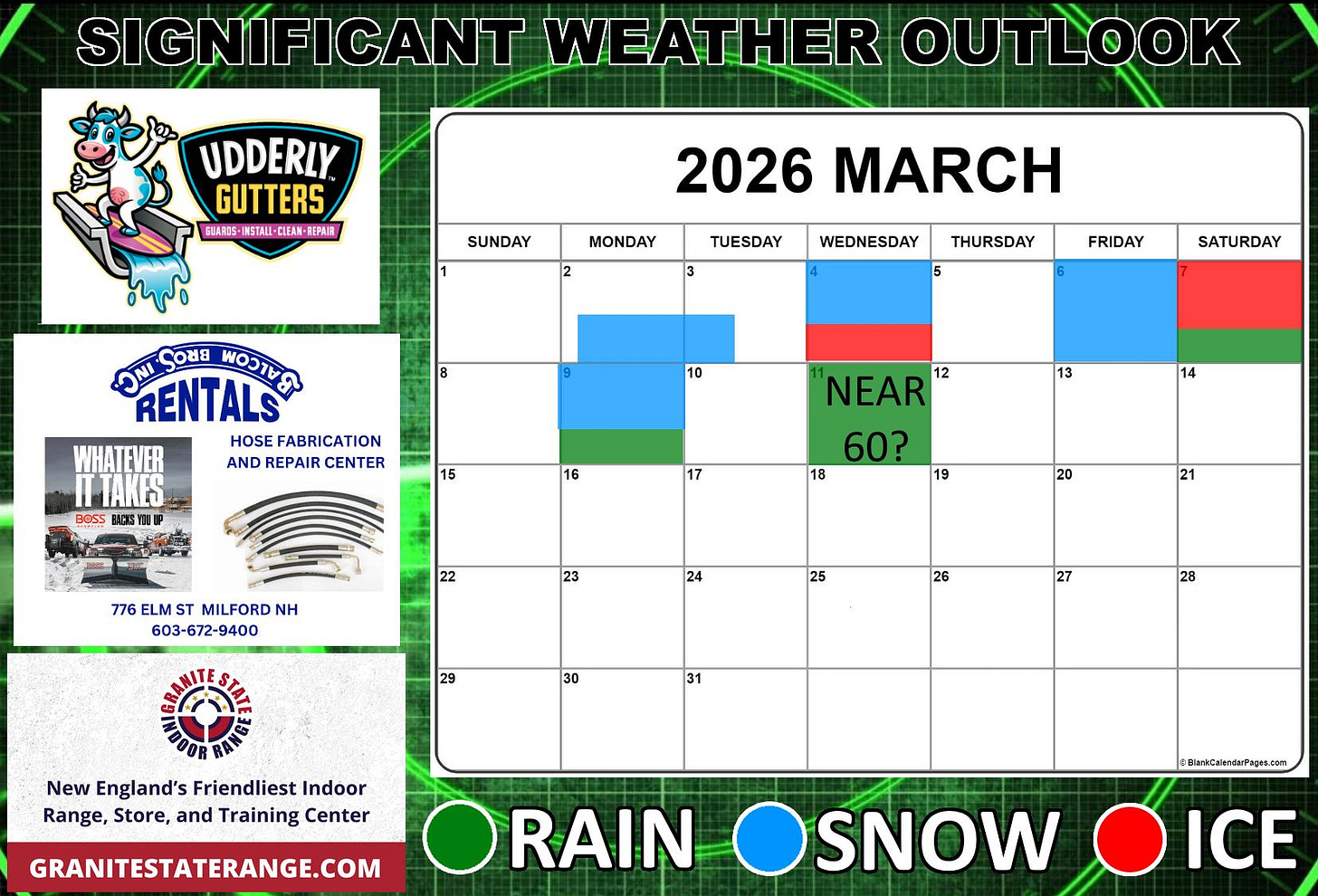 May be an image of map and text that says 'SIGNIFICANT WEATHER OUTLOOK UDDERLY GUTTERS BA和I5.IKSTAH-CIEAM-TEP熱R BEPAIR EUARIS SUNDAY MONDAY 2 2026 MARCH TUESDAY 3 WEDNESDAY THURSDAY FRIDAY ONI 8 ουινR RENTALS HOSE FABRICATION WHATEVER AND REPAIRO CENT CENTER ER TAKES BESS SATURDAY 10 15 16 NEAR 12 60? 18 17 776 ELM MILFORD NH 603-672-9400 19 22 20 23 21 24 25 26 29 27 30 31 New England's Friendliest Indoor Range, Store, and Training Center GRANITESTATERANGE.COM :RunkCalencarPages.com RAIN SNOW ICE'