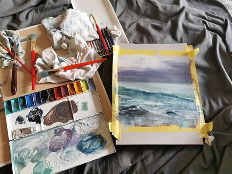 Various working set ups, experiments, and artworks made with the art materials my body no longer tolerates.