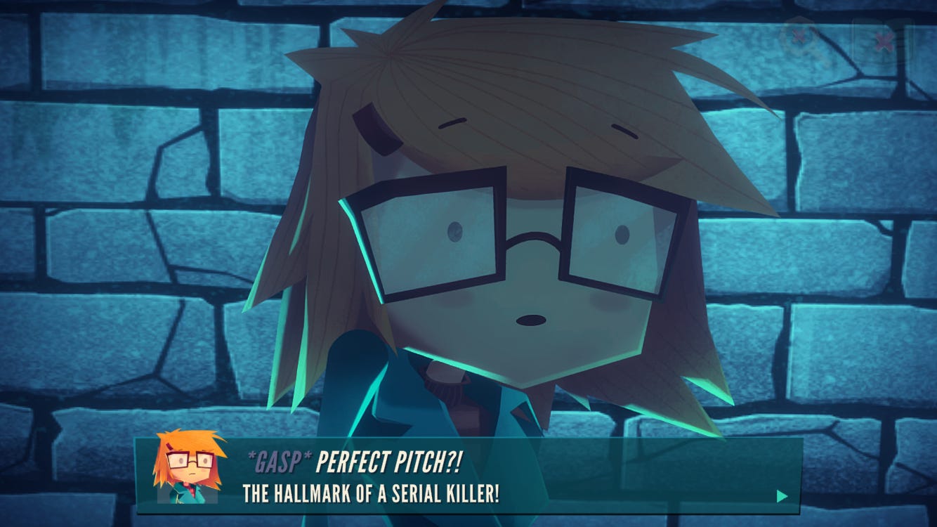 Jenny LeClue, a redheaded girl with glasses, and a dialogue box that reads "Gasp! Perfect pitch?! The hallmark of a serial killer!"