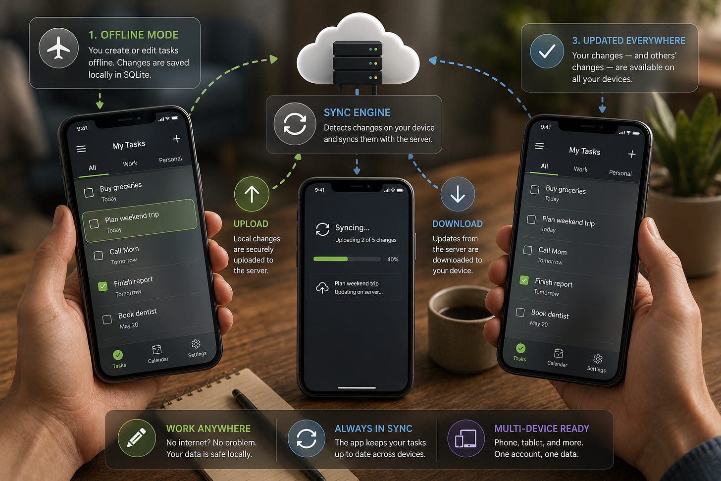 Mobile sync engine showing offline edits, cloud sync, and updates across devices. Mobile sync engine showing offline edits, cloud sync, and updates across devices.