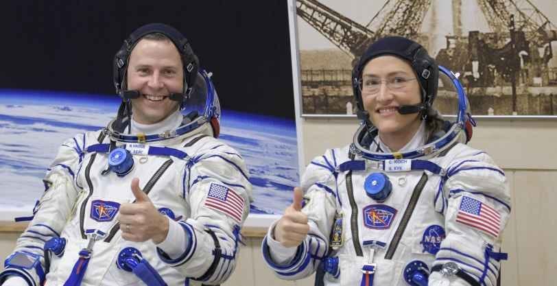 NASA astronauts Nick Hague and Christina Koch in Sokol pressure suits NASA astronauts Nick Hague and Christina Koch in Sokol pressure suits