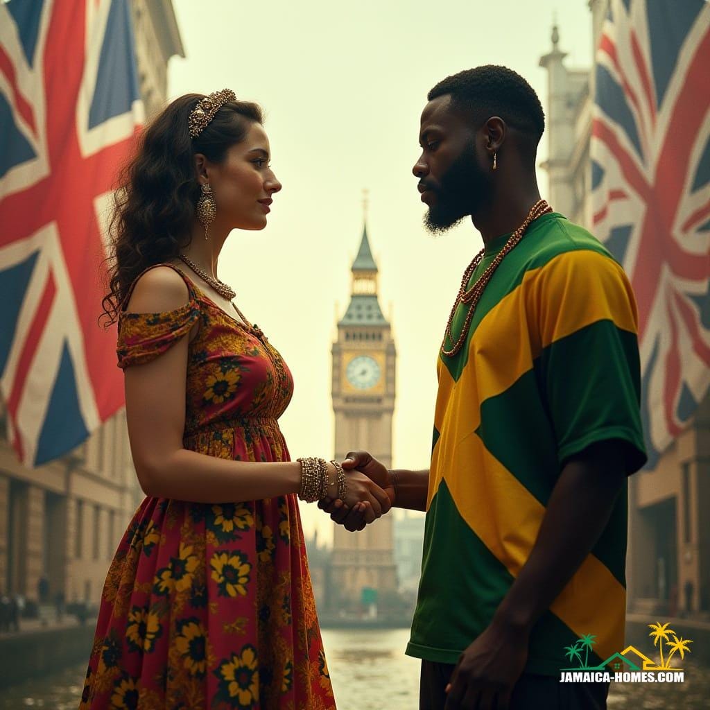 A highly detailed, realistic, high-resolution cinematic film still, shot on v-raptor XL, showing a beautiful white woman representing the United Kingdom and a beautiful black man representing Jamaica shaking hands in the foreground, wearing culturally inspired modern clothing. Behind them, the UK and Jamaican flags flow, blending naturally. The background forms a historical montage: UK side features Big Ben, Tower Bridge, English countryside, Queen Victoria, Winston Churchill, and cultural icons. Jamaican side includes tropical beaches, Blue Mountains, sugarcane fields, Maroon settlements, Nanny of the Maroons, Marcus Garvey, and cultural leaders, visually compressing centuries. Warm, natural cinematic lighting emphasizes collaboration and unity. Film grain, vignette, color graded, post-processed, 35mm film, live-action, best quality, atmospheric, a masterpiece, epic, stunning, dramatic.