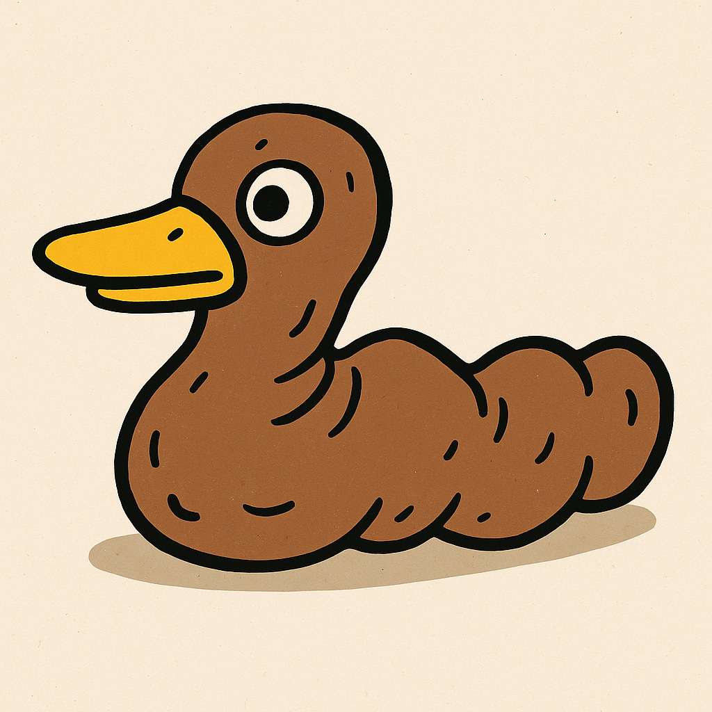 A simple cartoon-style clay duck shaped like a squished log with a bill stuck on the end, inspired by a childhood art project.