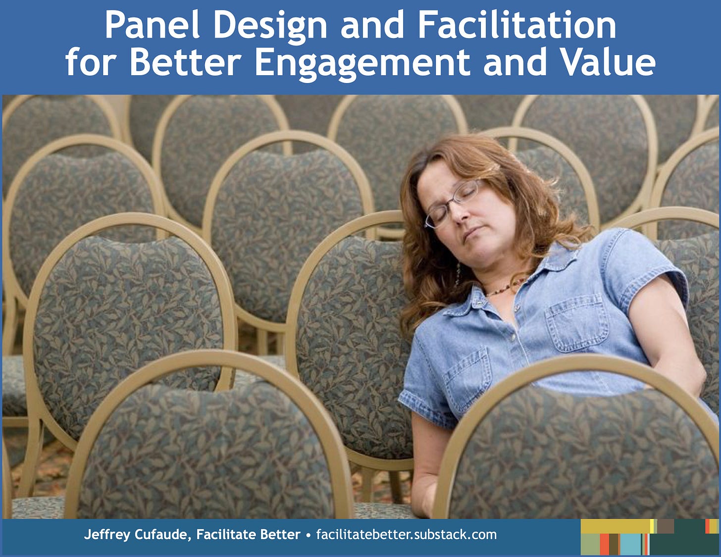 close-up of a single woman asleep among a seas of chairs in a conference ballroom