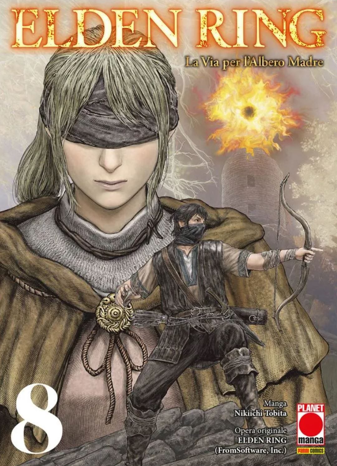 Cover of Elden Ring: La Via per l’Albero Madre, Volume 8 (Italian edition). The design is identical to the Japanese version, featuring a close-up of a blindfolded woman with long pale hair in medieval garb, with a glowing Erdtree in the background. In the foreground, a masked male character draws a bow, ready to fire. The cover includes Italian text and the Planet Manga logo in the bottom right corner, indicating this edition is published by Panini Comics. Cover of Elden Ring: La Via per l’Albero Madre, Volume 8 (Italian edition). The design is identical to the Japanese version, featuring a close-up of a blindfolded woman with long pale hair in medieval garb, with a glowing Erdtree in the background. In the foreground, a masked male character draws a bow, ready to fire. The cover includes Italian text and the Planet Manga logo in the bottom right corner, indicating this edition is published by Panini Comics.