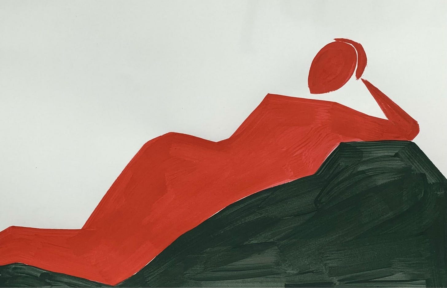 Figurative acrylic on paper painting by young professional European artist Waleria Matelska. Artwork is minimalistic and composed with synthetic shapes. Painting is vibrant- main colors are green and red. 

WALERIA MATELSKA (born 1994 in Belarus)
In