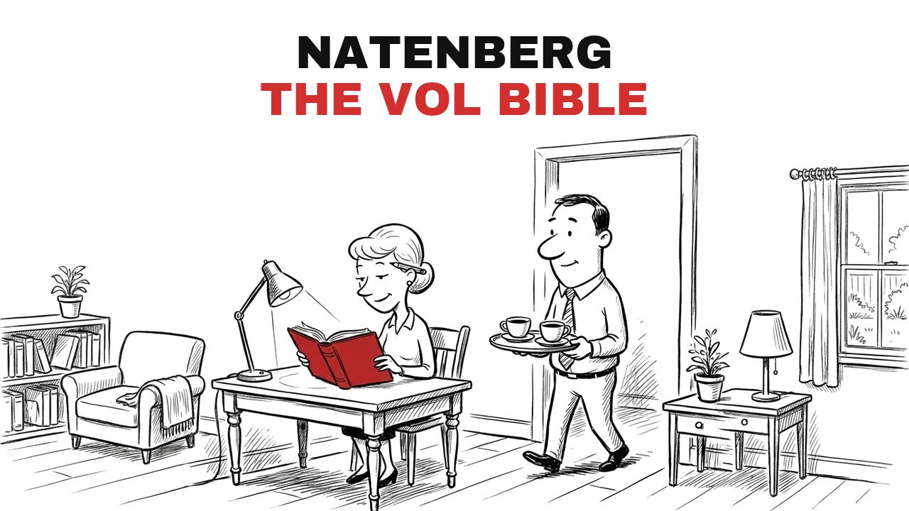Cartoon: a student reads a thick red book under a desk lamp in the evening while the mentor brings two cups of coffee on a tray, titled Natenberg, The Vol Bible.