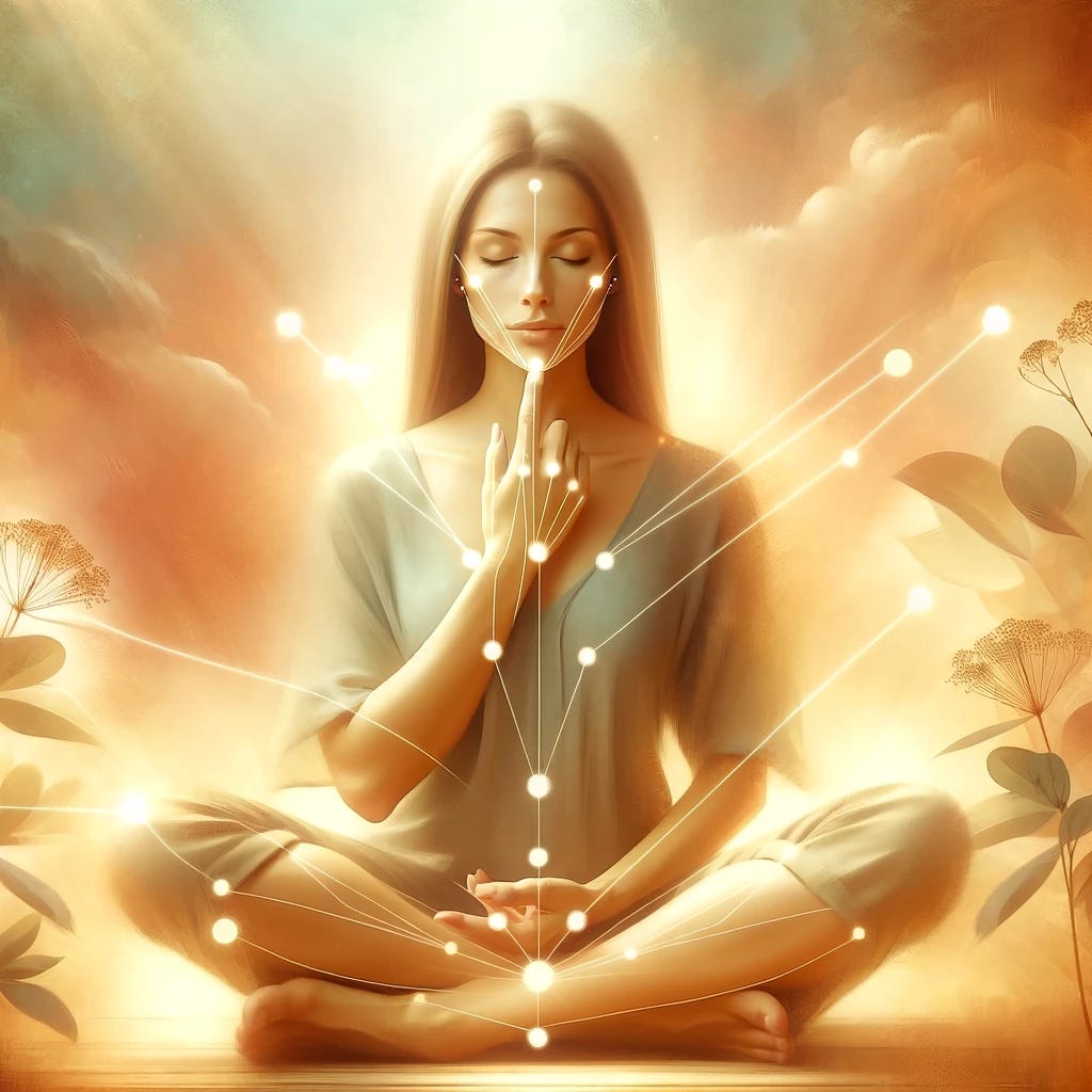 A serene image depicting the practice of tapping (EFT). Visualize a peaceful setting with an individual in a calm, meditative posture, gently tapping on acupressure points on their face and hands. The background could include soft, warm colours, and elements of nature like soft sunlight filtering through leaves, to convey a sense of relaxation and stress relief. A serene image depicting the practice of tapping (EFT). Visualize a peaceful setting with an individual in a calm, meditative posture, gently tapping on acupressure points on their face and hands. The background could include soft, warm colours, and elements of nature like soft sunlight filtering through leaves, to convey a sense of relaxation and stress relief.