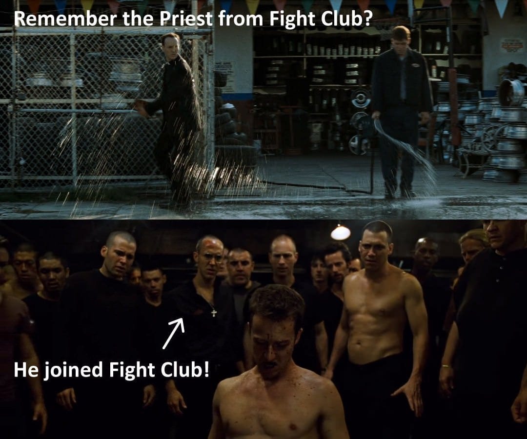 The priest in 'Fight club' eventually joins in : r/MovieDetails