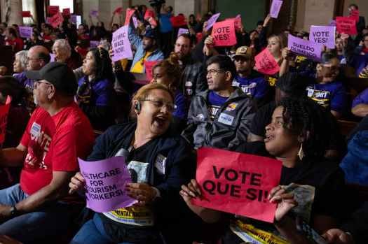 Union members attend a city council meeting in support of a measure to increase wages and health benefits for hotel and airport workers in Los Angeles on Wednesday, May 14, 2025. (Photo by Drew A. Kelley, Press-Telegram/SCNG)
