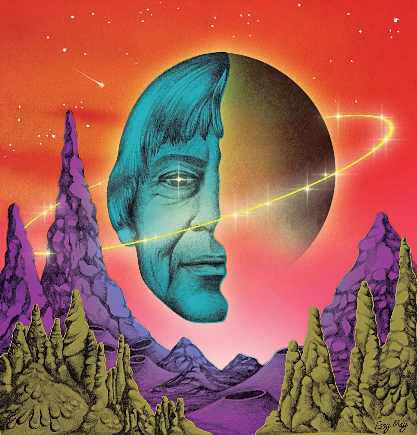 An illustration of Le Guin's face in an interplanetary galactic style