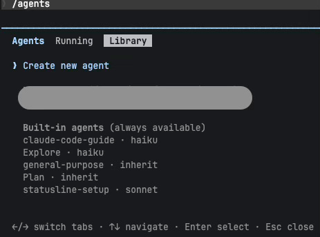 Claude Code terminal running the /agents command to list available subagents
