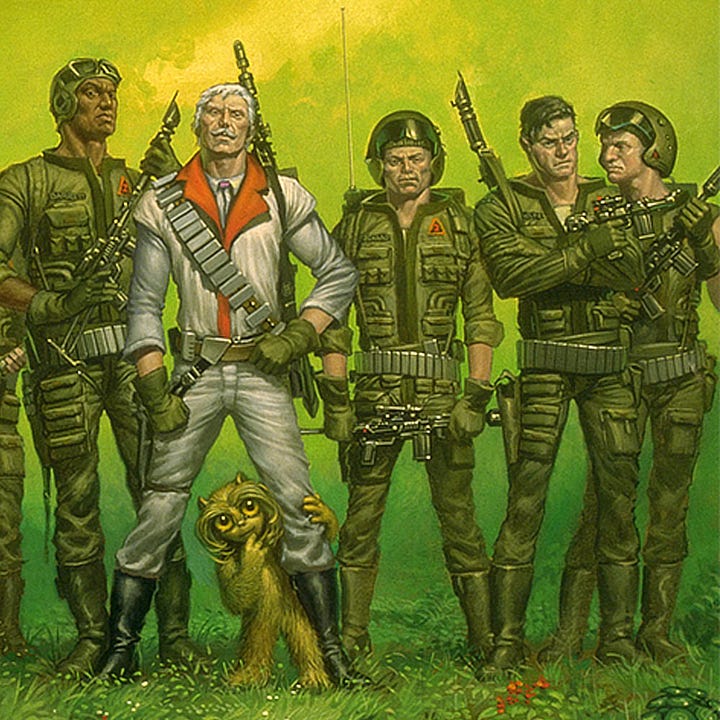 LEFT: Detail from FUZZY FEDERATION featuring a line of soldiers in olive drab uniforms and helmets. In the middle of the line is a white-haired man with curling mustache. His jumpsuit is white with red lapel. A single bandolier with silver rectangular compartments crosses his chest. His thumb is tucked into his gun belt while the other hand is balled to a fist at his hip. Gripping his leg at the knee, framed by the inverted V of his stance, an  amber-eyed fuzzy alien curiously peeks out.  RIGHT: Close detail from FUZZY FEDERATION featuring a line of soliders and a small furry alien gripping the knee of the commander as it peeks out curiously. Its huge eyes are amber. Fur sweeps from over its eyes to curl around its cheeks. One hand is positioned on its chin suggesting the creature is pondering as it stares directly at the audience.
