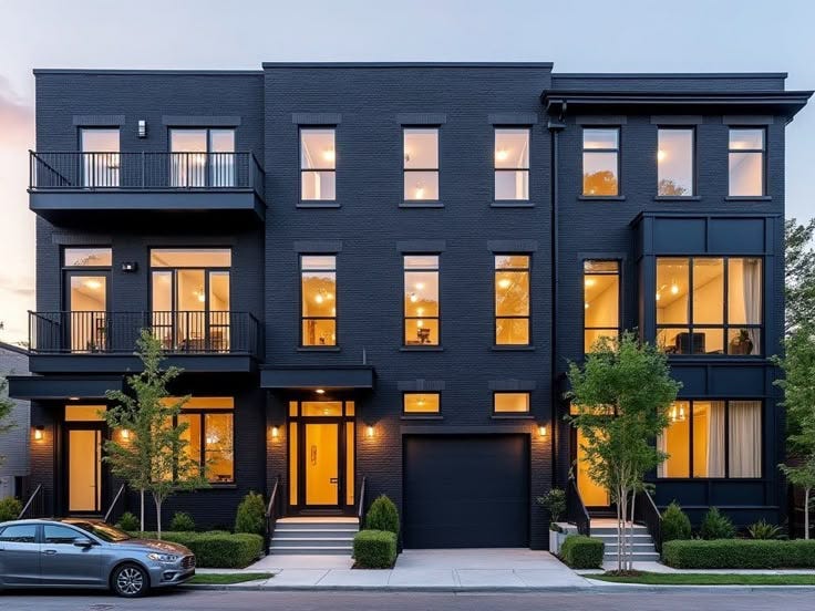 This may contain: an apartment building with many windows and balconies on the second floor, at dusk