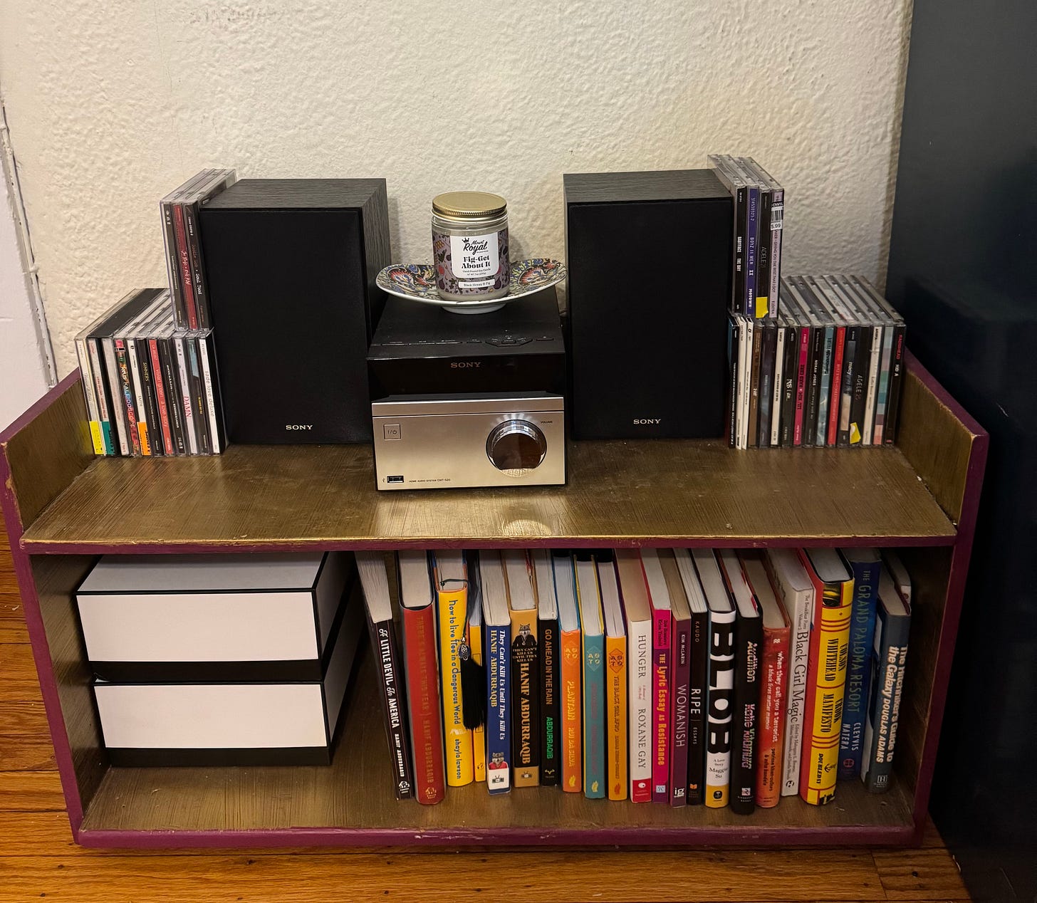 vintage audio system stereo and bookcase
