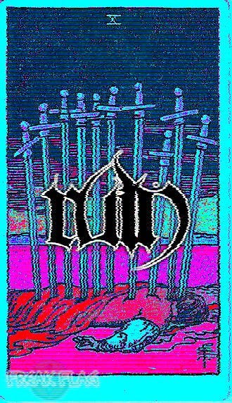a version of the RWS tarot 10 of swords colorized in magenta and cyan with the word "ruin' superimposed in the center