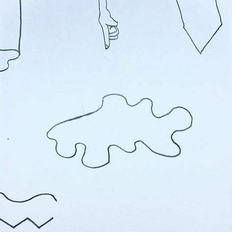 A series of six small drawings of abstract objects taken from larger abstract drawings.