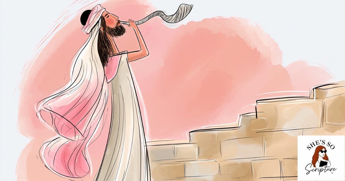 Whimsical fashion illustration of a man standing on a wall, raising a shofar to his lips, sketched in loose ink lines with soft pink and cream watercolor washes. Whimsical fashion illustration of a man standing on a wall, raising a shofar to his lips, sketched in loose ink lines with soft pink and cream watercolor washes.