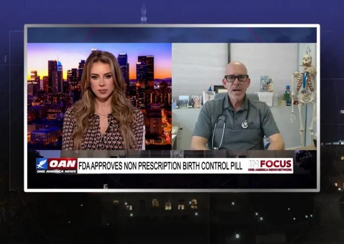 Video still from In Focus on One America News Network showing a split screen of the host on the left side, and on the right side is the guest, Dr. Jeff Barke.