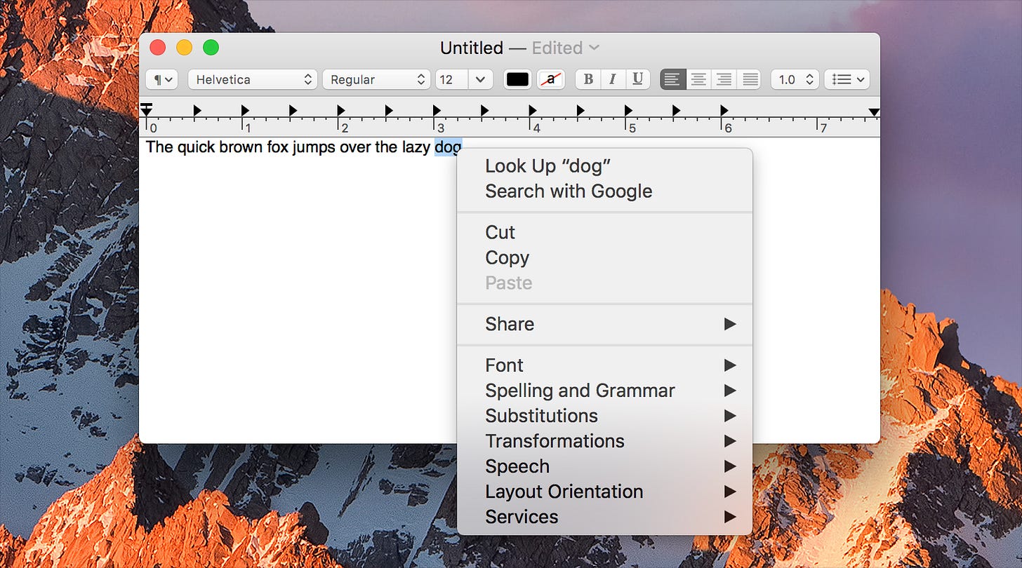 The context menu on macOS is a button list of possible actions. The list appears directly to the right of the user's mouse cursor.