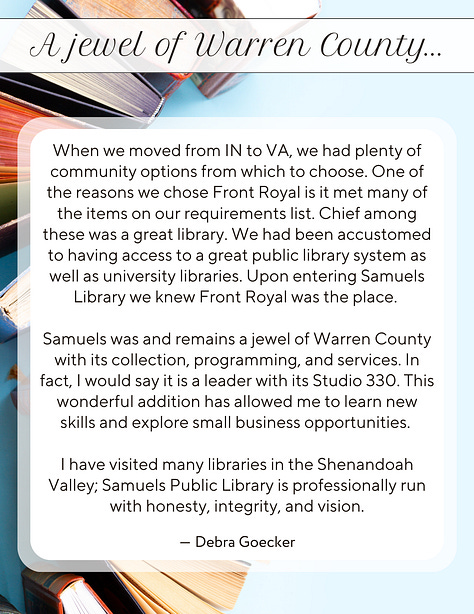 Gallery of photos that include patron, community member, and visitor testimonials on what Samuels Library means to them