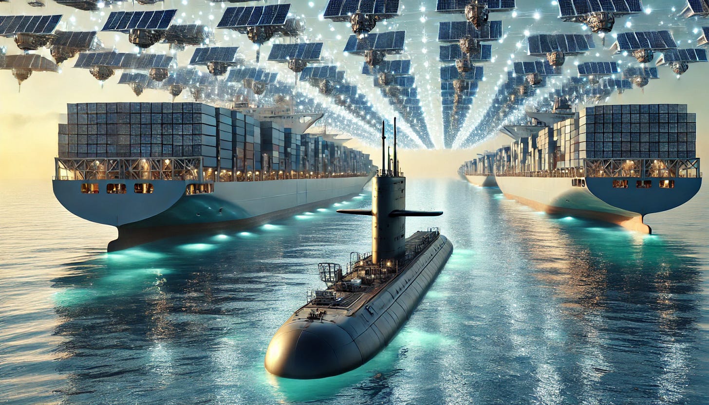 A futuristic scene featuring one submarine repurposed as a nuclear power plant floating in the ocean. The submarine is connected to two large container ships, one on each side. Instead of traditional shipping containers, the ships are covered with numerous Starlink-style satellite panels and solar panels. The scene emphasizes the connectivity and energy generation, with the solar panels gleaming under sunlight and the satellites oriented toward the sky. The environment has a clean, futuristic aesthetic with the ocean reflecting the technology and light.
