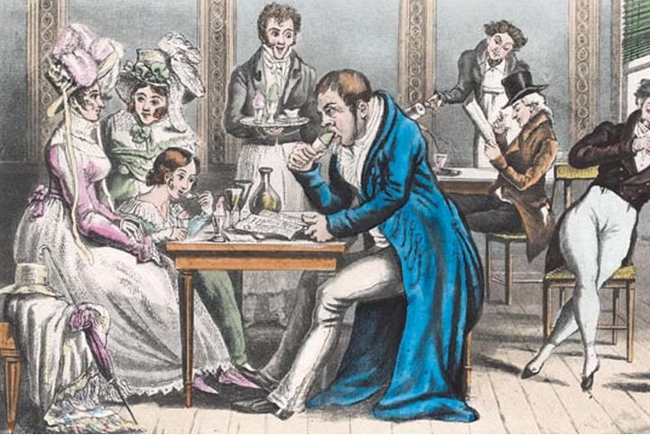 1. 18th Century Elites eating Ice  2. A waiter in a pavilion takes orders from three fashionable ladies who are seated eating ice cream, one being fed by a soldier in uniform. ‘Pavillon de la Paix’, France c.1801 