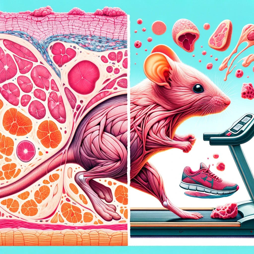 A detailed illustration showing a comparison of two sets of tissues, one from a young mouse and one from an aged mouse, with visible differences indicating aging. On one side, the young mouse's tissues appear vibrant and full of life, characterized by a healthy, pinkish hue and smooth texture. On the other side, the aged mouse's tissues show signs of aging, such as a duller color and a more rugged texture. Additionally, incorporate a symbolic representation of exercise, like a treadmill or running shoes, subtly influencing the aged tissue towards a more youthful appearance, illustrating the study's findings on the effects of exercise on aging tissues without using any alphabets or numbers. The overall tone should be informative and optimistic, with a clear contrast between the before and after effects of exercise on aging.