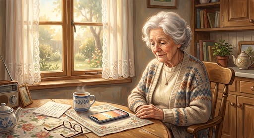 An older woman looking sadly at a smartphone. An older woman looking sadly at a smartphone.