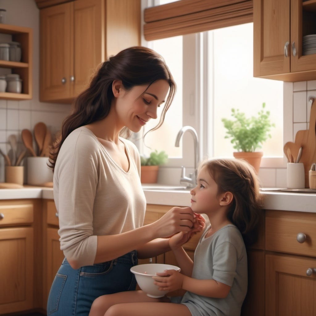 Mother in kitchen with her young daughter.