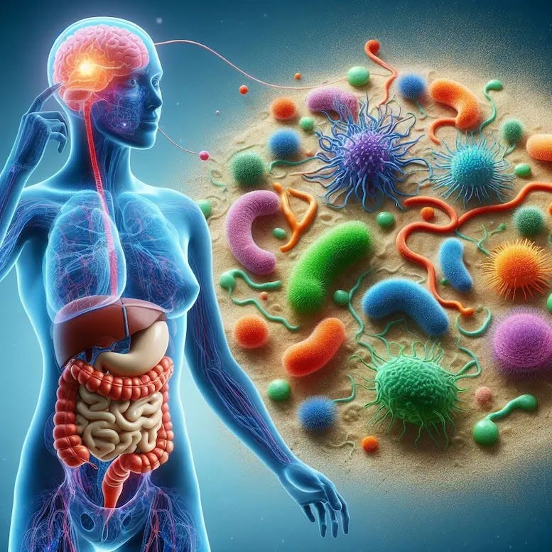 A n image that depicts the gut-brain axis is a fascinating connection that showcases how microorganisms in our gut have a profound impact on our brain function.