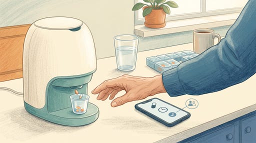 A pill dispenser dispensing pills.