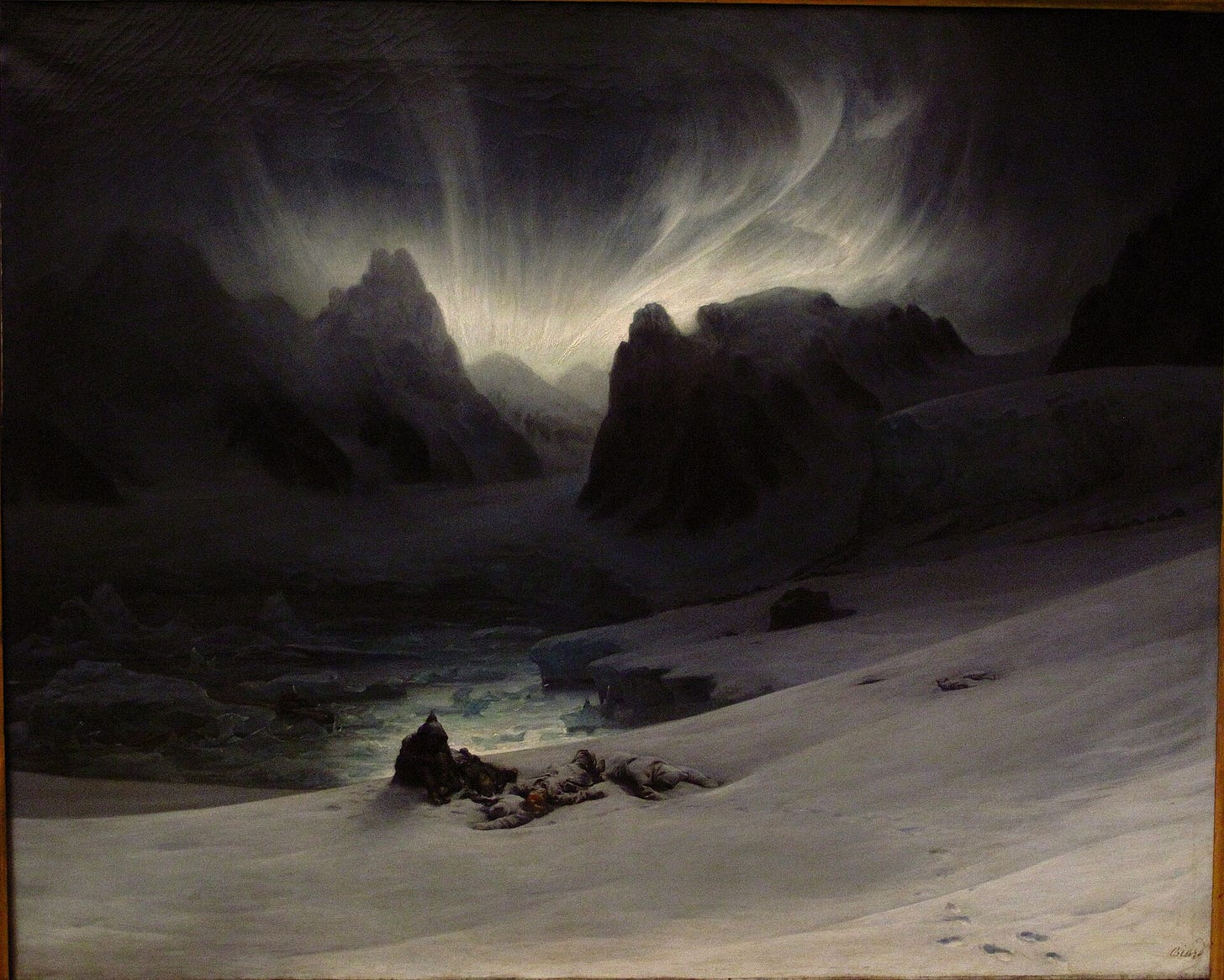 A snowy Arctic shore under a green and gold aurora, with a few men lying in the snow beside a stranded boat and steep icy mountains behind.