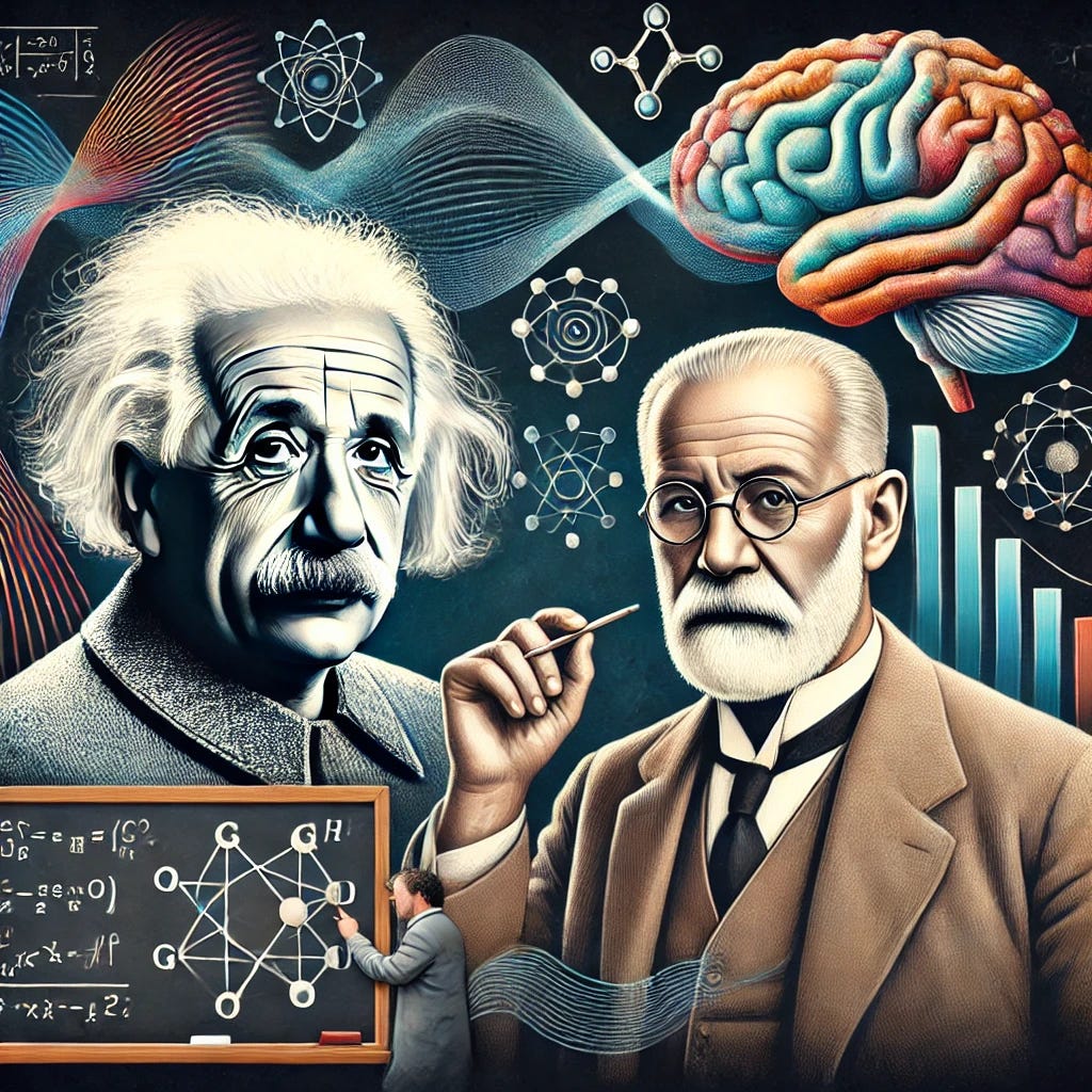 An image featuring Albert Einstein and Sigmund Freud engaging in a thoughtful discussion, with elements representing quantum mechanics and cognitive science in the background. Einstein is depicted with his iconic white hair and mustache, holding a chalkboard with quantum equations. Freud, recognizable by his glasses and beard, is holding a book on cognitive science. The background includes visual elements like a brain diagram, abstract waves, and entangled particles, symbolizing the intersection of their respective fields.