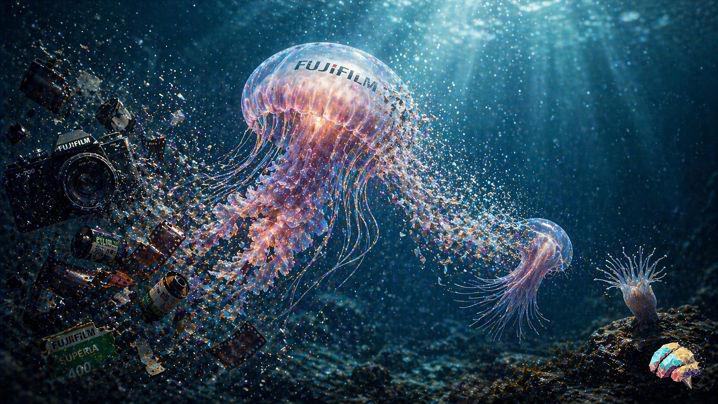 A luminous jellyfish floats in deep water as parts of its body dissolve into particles and reform into a smaller, younger form nearby. Around it, fragments of old cameras and film canisters drift and break apart, blending into the transformation. Soft light filters from above, highlighting a process of renewal and reinvention emerging from the remnants of the past.