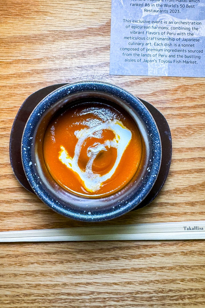 Chef Taka shaving summer truffles over shiromi white fish; uni with caviar and beef collagen and the beef stew in tomato sauce